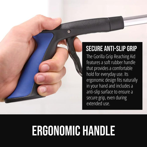 Gorilla Grip reacher with blue rubber-lined handle in close-up view, ergonomic trigger grip