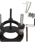 Adjustable Router Lift For 65mm Diameter Universal Trimming Machine Aluminum Under Table Router Base With Double Stainless Steel Support Rod Insert Base Plate For Router Table Beefy Pro Grade Heavy Duty showing components and tools