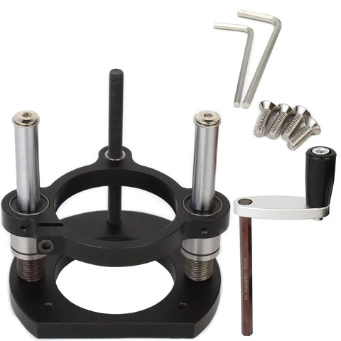 Adjustable Router Lift For 65mm Diameter Universal Trimming Machine Aluminum Under Table Router Base With Double Stainless Steel Support Rod Insert Base Plate For Router Table Beefy Pro Grade Heavy Duty showing components and tools