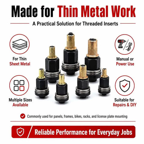 Rivet Nut Tool Set And Mandrel Kit, 77-Piece M3-M12 Metric Assortment For Quick, Heavy-Duty Auto And DIY Repairs, Durable Carbon Steel Build With Wide Range Of Rivet Nuts And Mandrels For Easy Mounting., M3-M12 carbon steel mandrels and rivet nuts for thin sheet metal, manual or power use