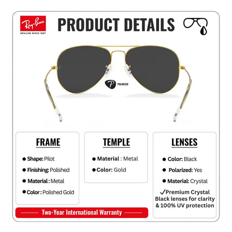 Unisex Pilot Shape Polarized Sunglasses With Black Lenses For Men And Women featuring polished gold frame and UV protection.