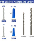 180 Piece Set with 90 Concrete Wall Anchors, 90 Self Tapping Screws, drill bits for masonry, brick, cement, and more.