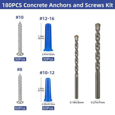180 Piece Set with 90 Concrete Wall Anchors, 90 Self Tapping Screws, drill bits for masonry, brick, cement, and more.