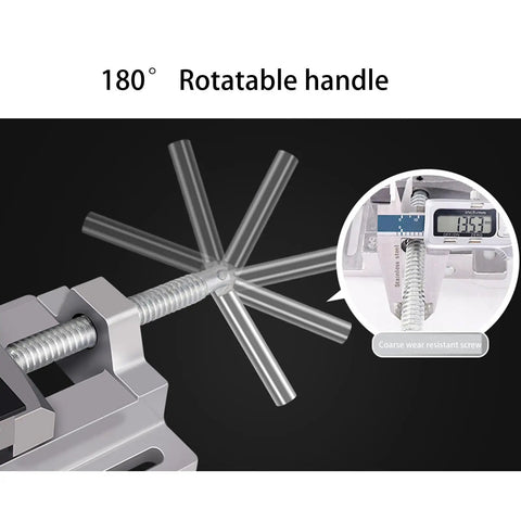 Heavy Duty Drill Press Vise Built Rock Solid For Woodworking Milling Tasks Bench Top Setup with 180° rotatable handle and steel screw.