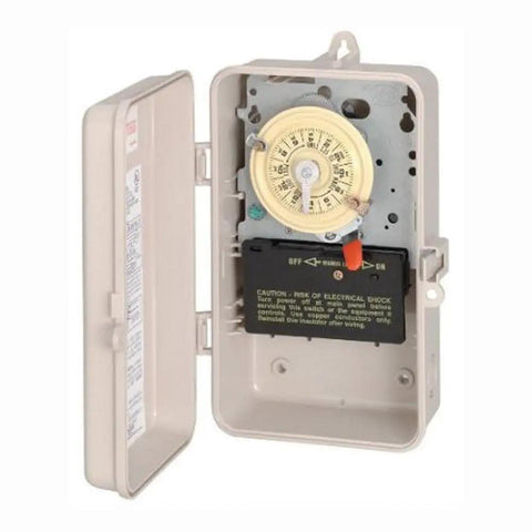 Open beige NEMA 3R enclosure showing Double Pole Mechanical Time Switch with dial and trippers for 208-277 VAC control, industrial timer.