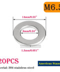 Diagram of M6.5 washer, 304 stainless steel, 14mm outer, 6mm inner, part of 20 Pieces 18-8 304 Stainless Steel Flat Washers For Bolts.