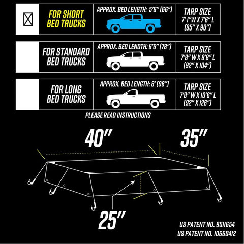 Heavy Duty Bed Tarp For Pickup Trucks With Waterproof Cargo Net Cover And Detachable Quick Adjust Tie Downs No Knots Or Buckles Paint Safe Fits Short Beds 5 Foot 6 Inch And Trailers, showing size chart for short to long bed trucks.