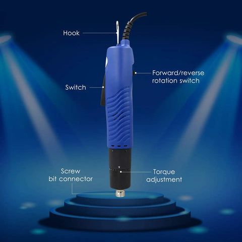 Smooth Operating Corded Electric Screwdriver Featuring Adjustable Torque And Ergonomic Non Slip Grip For No Sweat Drywall Repairs And Quick Furniture Assembly Jobs, showing grip, switch, and torque adjustment.