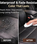 Leather Recoloring Balm 3.53 Oz Quick Dry Repair Cream for furniture couches and car seats showing water-resistant finish before and after