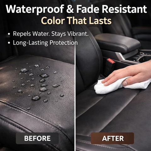 Leather Recoloring Balm 3.53 Oz Quick Dry Repair Cream for furniture couches and car seats showing water-resistant finish before and after