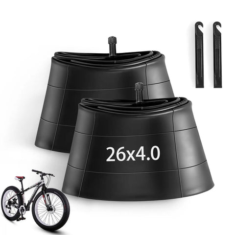 2 Pack 26 x 4.0 Fat Tire Inner Tube With 32mm Schrader Valve Puncture Resistant Butyl Rubber Tubes For Fat Bike Mountain Bike And EBike, tire levers included, black color.