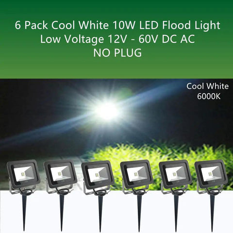 Six-pack Cool White 10W LED Flood Light Outdoor IP65 Waterproof Security Landscape Lamp on spikes for yard and garden.