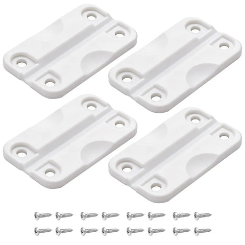 Cooler Hinge Replacement Kit With Screws For 50 To 165 Qt Coolers 4 Pack white plastic hinges and 16 screws on white background