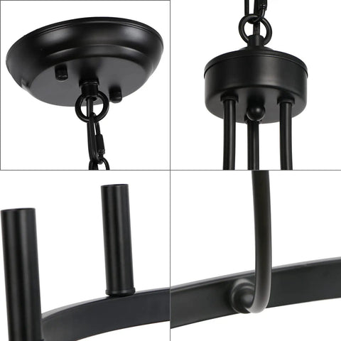 Close-up details of Six Light Wagon Wheel Chandelier In Black Industrial Farmhouse Style, showing chain, arm, and base design.