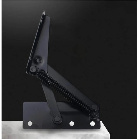 Side view of 80 Degree Spring Lift Top Hinge for Cabinets and Beds, steel construction, spring mechanism visible.