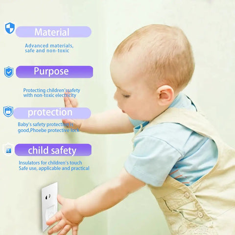 Baby reaching for outlet with Kid Safe Outlet Covers 32 Pack With Hidden Pull Handle, Child Proof Electrical Socket Plugs.