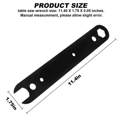 Heavy Duty Table Saw Wrench Built With Kickass Durability For Swift Blade Changes And Snug Hardware Securing Featuring Low Profile Side Mount Holder And Rust Proof Matte Coating showing size dimensions 11.40 x 1.75 inches.