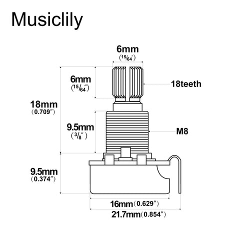 Mini Potentiometer Set For Electric Guitars And Basses A250Kx2 And B250K Linear Taper Pots Brass Shaft diagram