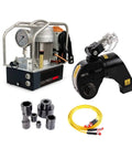 Heavy Duty Hydraulic Torque Wrench With Square Drive Pump Tool, includes pump, ratchet, hose, and sockets for precise tightening.