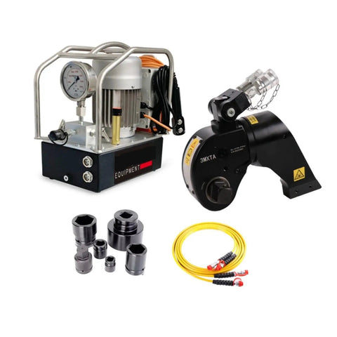 Heavy Duty Hydraulic Torque Wrench With Square Drive Pump Tool, includes pump, ratchet, hose, and sockets for precise tightening.
