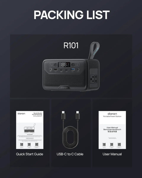 Packing list with Portable Power Station 89.6Wh LiFePO4 Battery With Solar Ready, USB-C cable, and manuals.