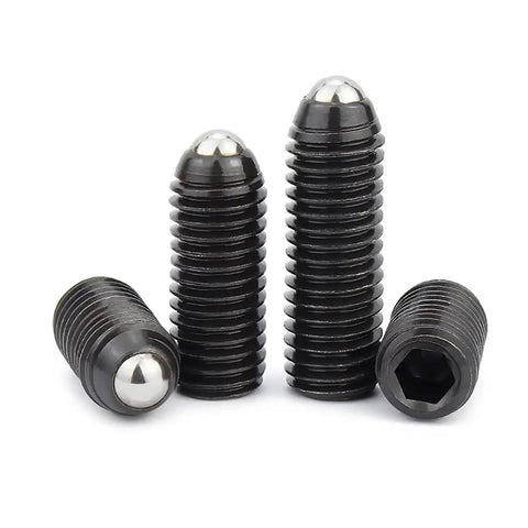 Heavy Duty Spring Ball Plungers And Hex Socket Set Screws, Grade 12.9 Alloy Steel Grub Fasteners showing black screws with ball tops.