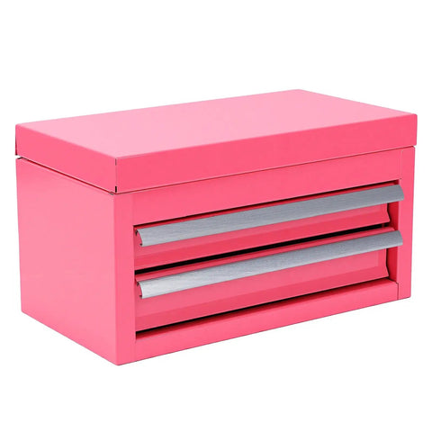 Pink Mini Toolbox Featuring Two Smooth Pullout Drawers And Heavy Duty Iron Frame Compact Portable Gear Case Rig ready for job sites.
