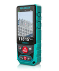 P9 Outdoor Laser Measuring Tool With 4X Zoom Camera Viewfinder High Accuracy Distance Meter For Contractors And DIY Enthusiasts Durable Fast Powerburst PowerChirp Tech For Tough Outdoor Jobs, teal handheld laser meter front view