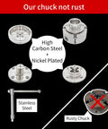 Dead Serious 4 Inch Nickel Plated Wood Lathe Chuck Set With Knockout Rust Shield And Quick Swap 1 X 8 Tpi Plus 3 4 X 16 Tpi Thread Adapters, showing stainless and nickel plated components