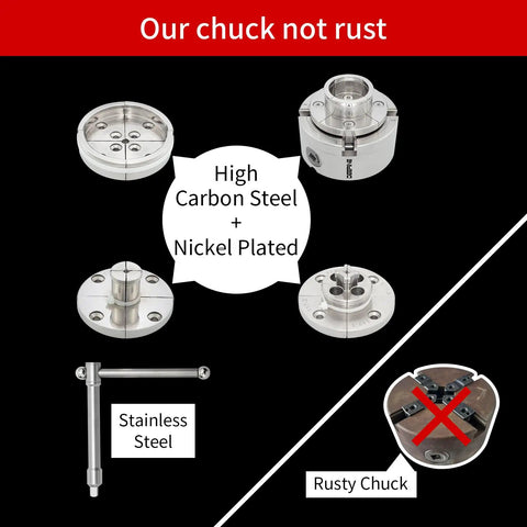 Dead Serious 4 Inch Nickel Plated Wood Lathe Chuck Set With Knockout Rust Shield And Quick Swap 1 X 8 Tpi Plus 3 4 X 16 Tpi Thread Adapters, showing stainless and nickel plated components
