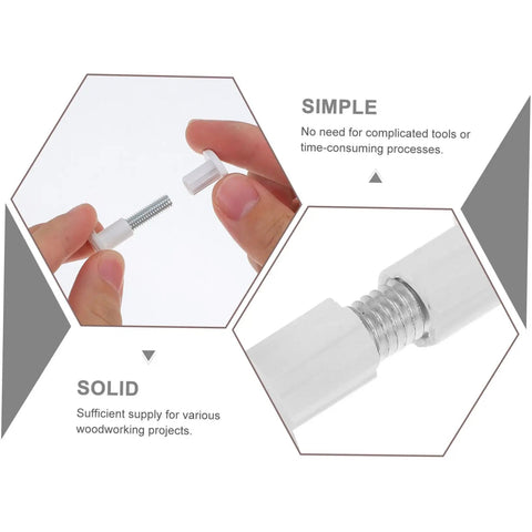 No Sweat Furniture Assembly Hardware 50 Piece Clamp Nut And Connecting Screw Kit showcased with hand holding screw for easy installation.