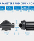Dimensions and specifications of the 2600GPH Pond Pump For Outdoor Use Submersible Or Inline High Head Water Pump For Garden Waterfall And Fountain Water Circulation In Koi Ponds Heavy Duty Built To Last With Oil Free Ceramic Impeller Shaft.