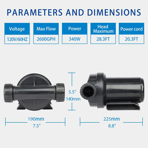 Dimensions and specifications of the 2600GPH Pond Pump For Outdoor Use Submersible Or Inline High Head Water Pump For Garden Waterfall And Fountain Water Circulation In Koi Ponds Heavy Duty Built To Last With Oil Free Ceramic Impeller Shaft.