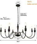 8 Light Black Farmhouse Chandelier For Dining Room And Living Areas Rustic Industrial Iron Candle Chandeliers With Matte Black Finish Easy Hardwired Installation For Bedroom Foyer Entryway, dimensions and chain shown.