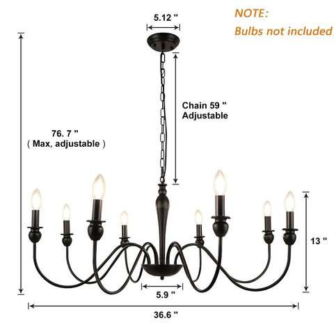 8 Light Black Farmhouse Chandelier For Dining Room And Living Areas Rustic Industrial Iron Candle Chandeliers With Matte Black Finish Easy Hardwired Installation For Bedroom Foyer Entryway, dimensions and chain shown.
