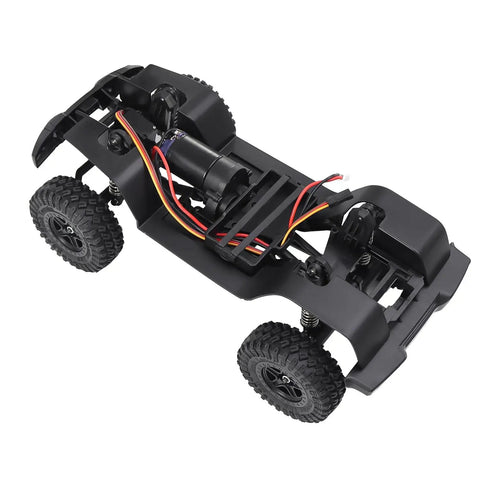 TRX4M 155mm Wheelbase RC Crawler Chassis Kit with assembled frame, visible front and rear axles, gearbox for 1/18 scale.
