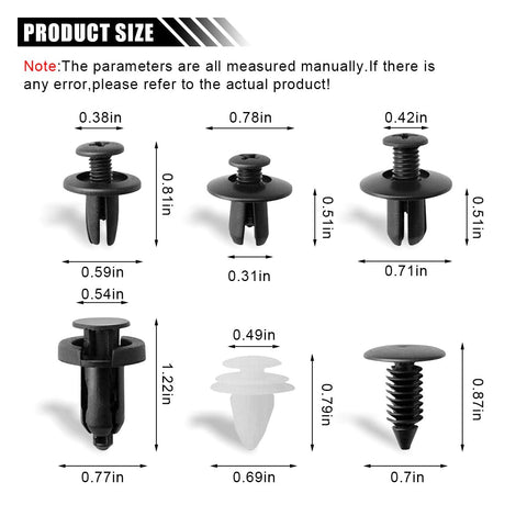 Diagram of Beefy Plastic Car Trim Clips Kit With Handy Storage Box Universal Bumper Rivets Fasteners Push Retainers sizes shown