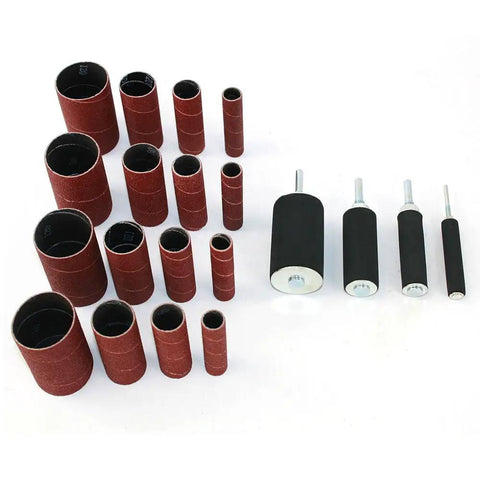 Rubber Sanding Drum Set 20 Piece For Drills Flexible Shafts And Drill Presses with abrasive bands displayed
