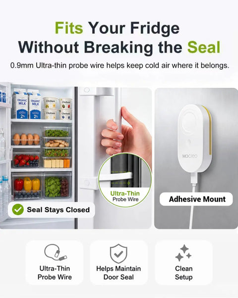 WiFi Refrigerator Thermometer With Freezer Alarm and Remote Temperature Monitoring Dope App Alerts Email Buzzer Power Outage Alerts Pass Through Outlet Hub Two Sensors Ultra Flat Probe for Home Kitchen, ultra-thin probe wire