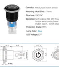 Diagram and specifications of 19mm Latching Pushbutton Switch With Dope Blue 12V LED Power Symbol 1NO 1NC SPDT On Off Waterproof Toggle Switch.