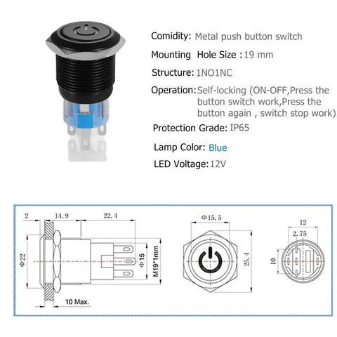 Diagram and specifications of 19mm Latching Pushbutton Switch With Dope Blue 12V LED Power Symbol 1NO 1NC SPDT On Off Waterproof Toggle Switch.