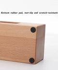 Close-up of Top Shelf Wood Espresso Tamper Stand with bottom rubber pads, fits 51Mm and 54Mm tamps, sturdy natural wood base.