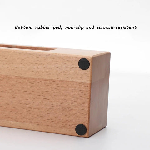 Close-up of Solid Wood Espresso Tamper Console And Filter Stand With Antiskid Base, showing non-slip rubber pads.