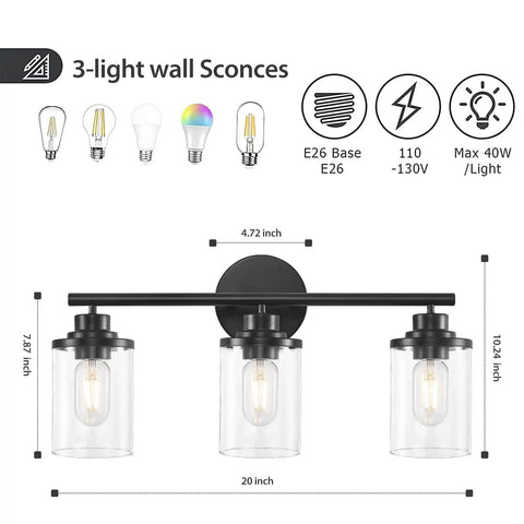 Diagram of Three Light Matte Black Vanity Light With Clear Glass Shades For Bathroom, showing dimensions and bulb types.