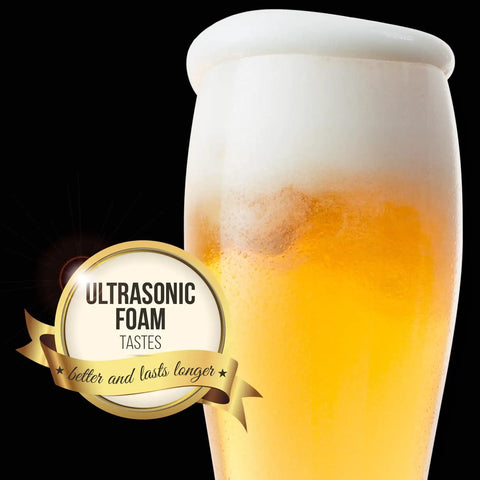 Close-up of a frothy beer in a glass showcasing Portable Electric Ultrasonic Foam Maker Craft Beer And Cocktail Dispenser.
