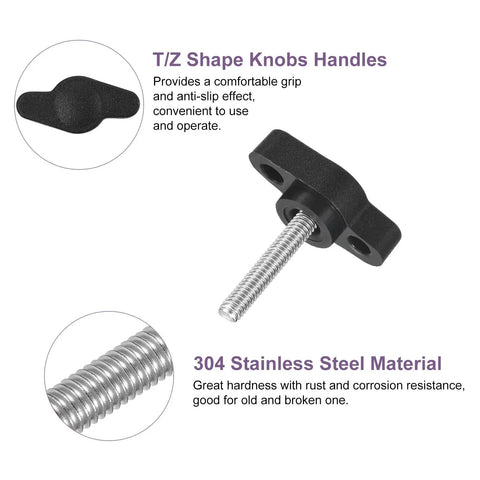 Rock Solid 6 Pack M4 X 20mm Tee Wing Knobs Stainless Steel Thumb Screws with T/Z shape handles for secure grip.