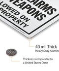 Straight Talk For Your Property With This Built Tough 14X10 Inch Rustproof Aluminum Yard Sign thickness demonstration with quarter.
