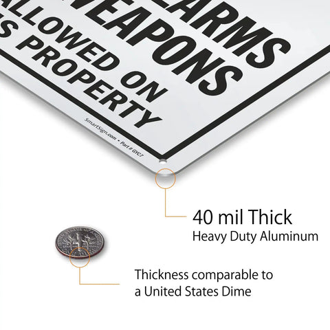 Straight Talk For Your Property With This Built Tough 14X10 Inch Rustproof Aluminum Yard Sign thickness demonstration with quarter.