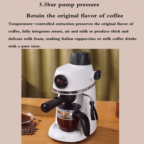 Slick Compact Semi Automatic Espresso Machine With Integrated Milk Frother And Steam Wand pulls rich coffee with 3.5 bar pressure.