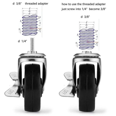 Heavy Duty Three Inch Caster Wheels Set Of Four Universal Threaded Stem for 1/4" and 3/8" size with detailed adapter instructions.
